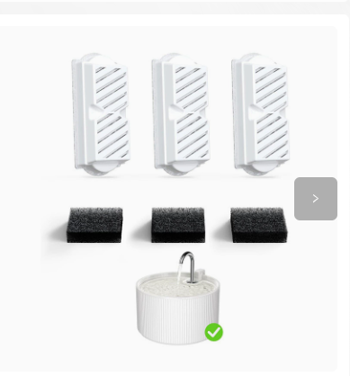 Three white textured wall-mounted filter units shown above three black sponge blocks, with a small white sink or container at the bottom on a light gray background.