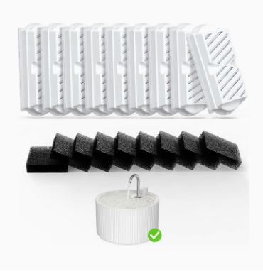 A set of white plastic filter cartridges arranged in a row, with a row of black foam sponges below them and a white cylindrical filter base with a metal hook at the bottom.