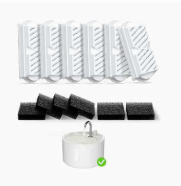 A set of white plastic filter cartridges arranged in a row, with a row of black foam sponges below them and a white cylindrical filter base with a metal hook at the bottom.